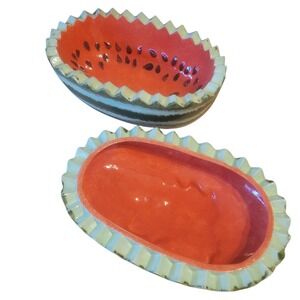 Vintage Handmade/Painted Ceramic Large Watermelon W Matching Lid Serving Bowl/s